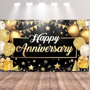 HK balloons Happy Anniversary Decoration Item for Backdrop Banner Black and Gold - 4 * 5ft Inch Happy Anniversary Decorations for Party, Backdrop, Wedding Decorations Item