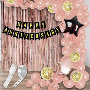 HK balloons Pack of 66 Pcs Rose gold Anniversary Decoration Item Kit with metallic balloons confetti,star foil balloons and foil curtains For Happy Anniversary Backdrop Decoration Set