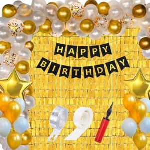 HK balloons 63 pcs set birthday decoration items set Happy Birthday Banner balloon arch set with confetti balloon pump and square curtains Birthday Decorations Kit For Golden Themed Boy Girl husband