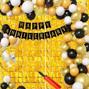 HK balloons 60 Pcs Set Happy Anniversarya Card Stock Paper Banner Balloon Arch Decoration Set With Confetti Balloon Pump And Square Curatains|Black Gold White