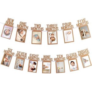 HK Balloons 1-12 Month Frame Banner for First Birthday Party Decoration | Baby 0 To 12 Months Monthly Milestone Bunting With Front Side Photo Space, Beige