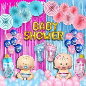 HK Balloons Pack of 90 Baby Shower Decoration Items Combo gold foil balloon Decorations Set with paper fan Latex balloons,foot bottle baby boy girl foil balloons
