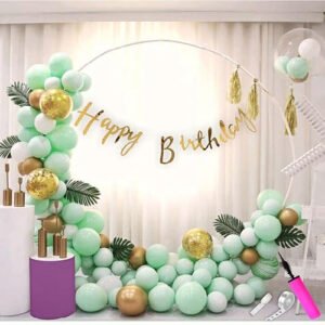 HK balloons Birthday Decoration Item Kit Combo With Sparkle Golden Happy birthday Banner, Mint Green Pastel Balloon, Pump For Birthday Decorations Set - 62 Pieces