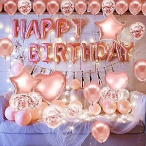 HK balloons Pack of 66 Pcs Rose gold Happy Birthday Foil Banner Decoration items Kit Set with metallic balloons confetti,star foil balloons and foil curtains for Kids girls
