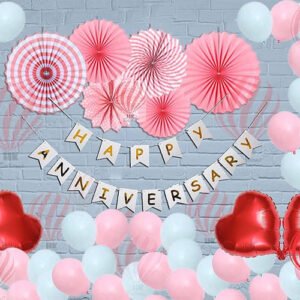 HK balloons Pack Of 62 Pcs White Happy Anniversary Banner With Balloons Heart Foil, Paper Fan Set Decoration Items Combo For Home Or Bedroom Decorations For Husband Wife