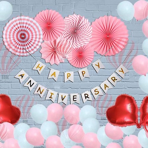HK balloons Pack Of 62 Pcs White Happy Anniversary Banner With Balloons Heart Foil, Paper Fan Set Decoration Items Combo For Home Or Bedroom Decorations For Husband Wife